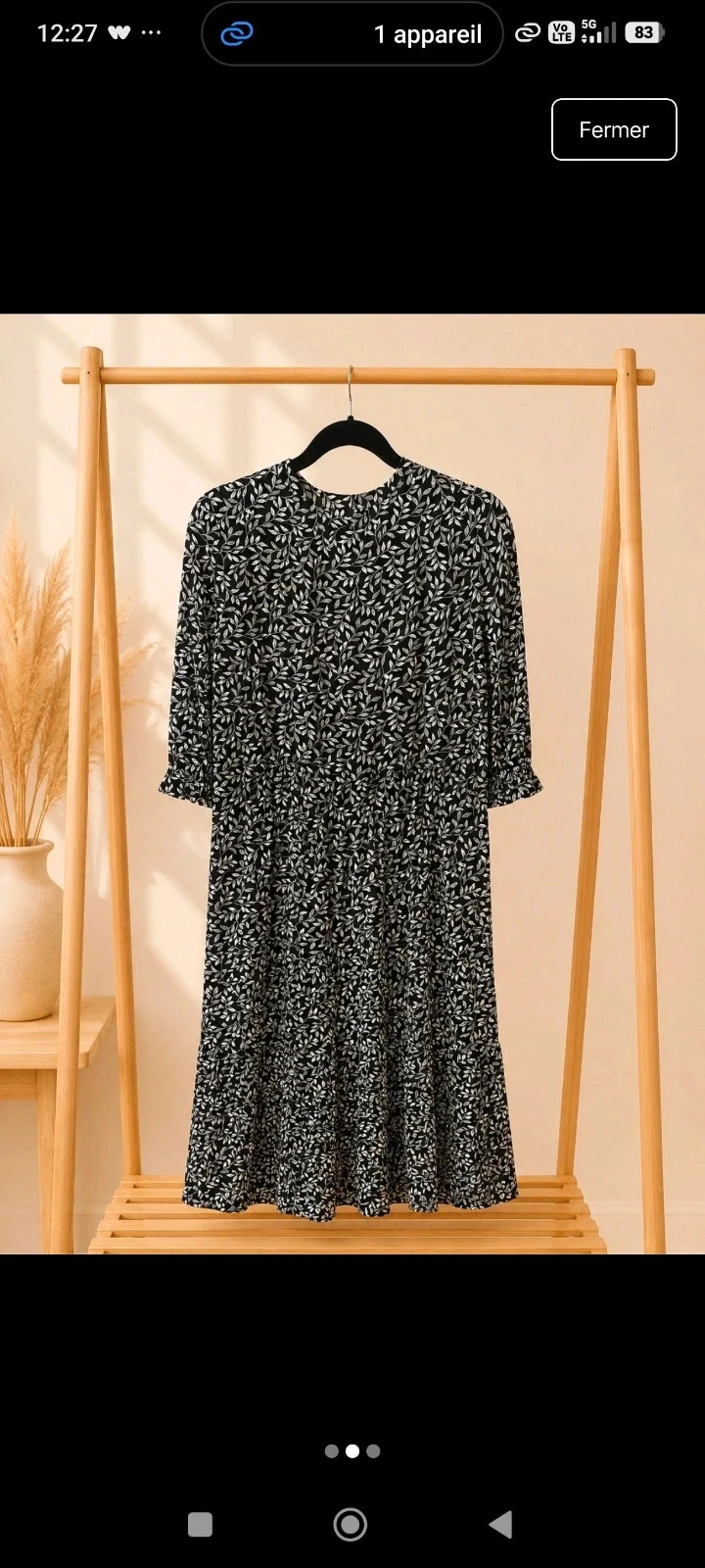C&A zwarte jurk met wit bladmotief, 3/4 mouwen - Maat 38 – photo 2